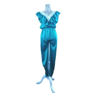 VTG Silky Nylon Lace Turquoise Ruffle Sissy Romper Jumper lingerie Nightie PJ L